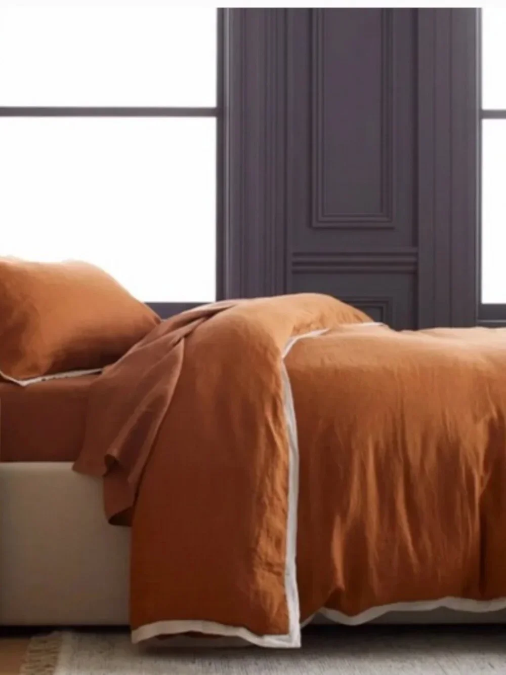 Quince European Linen Contrast Flange King Duvet Cover Terra Cotta and Sand